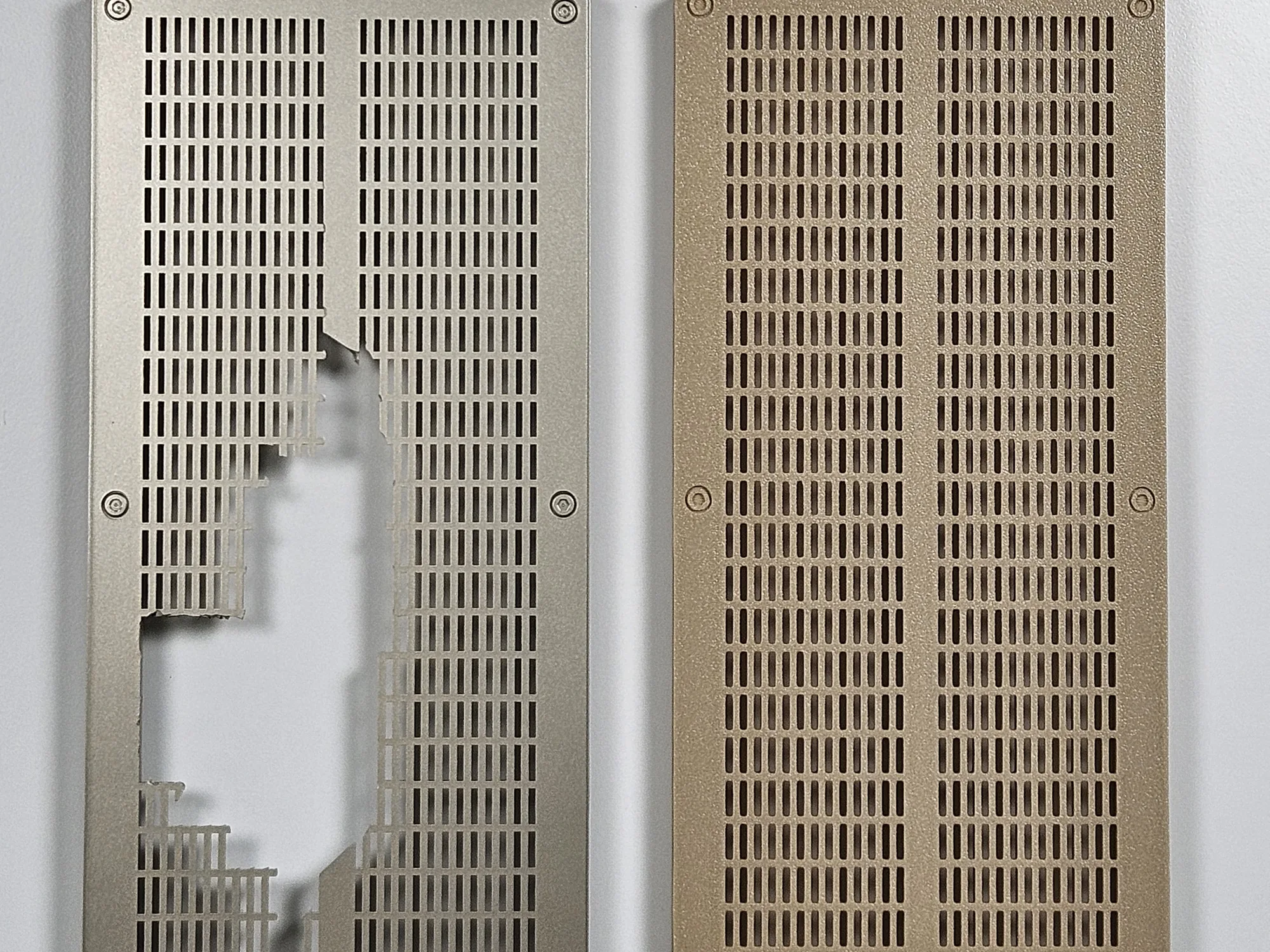 Original damaged radio grille and its printed replacement.